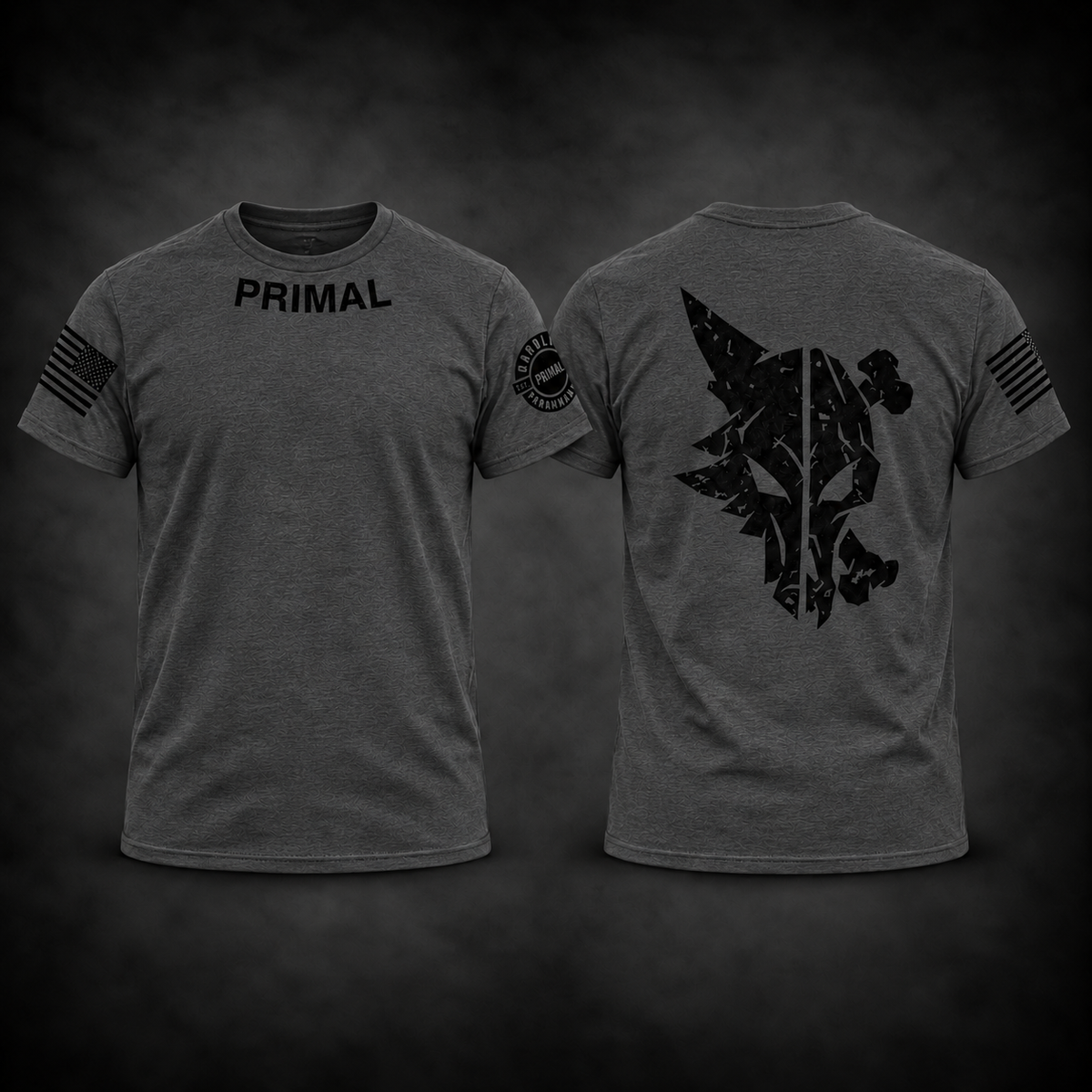 Primal Competition Tee in Charcoal, front and back