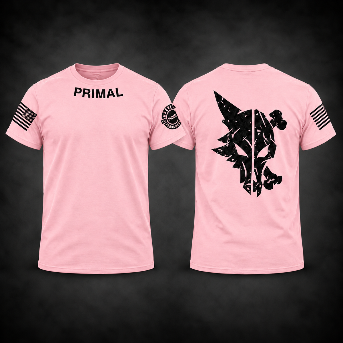 Primal Competition Tee in Heather Light Pink, front and back