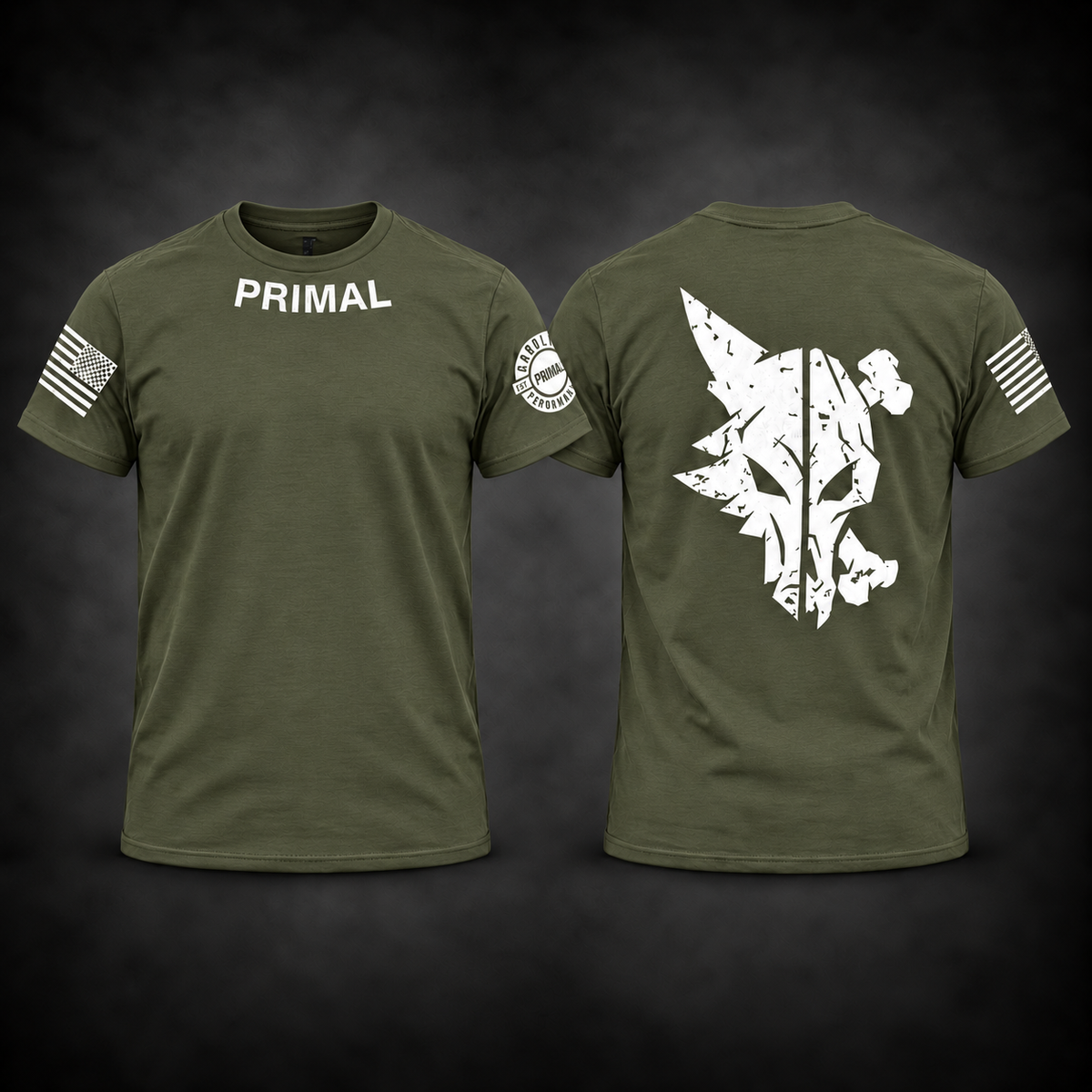 Primal Competition Tee in Military Green, front and back
