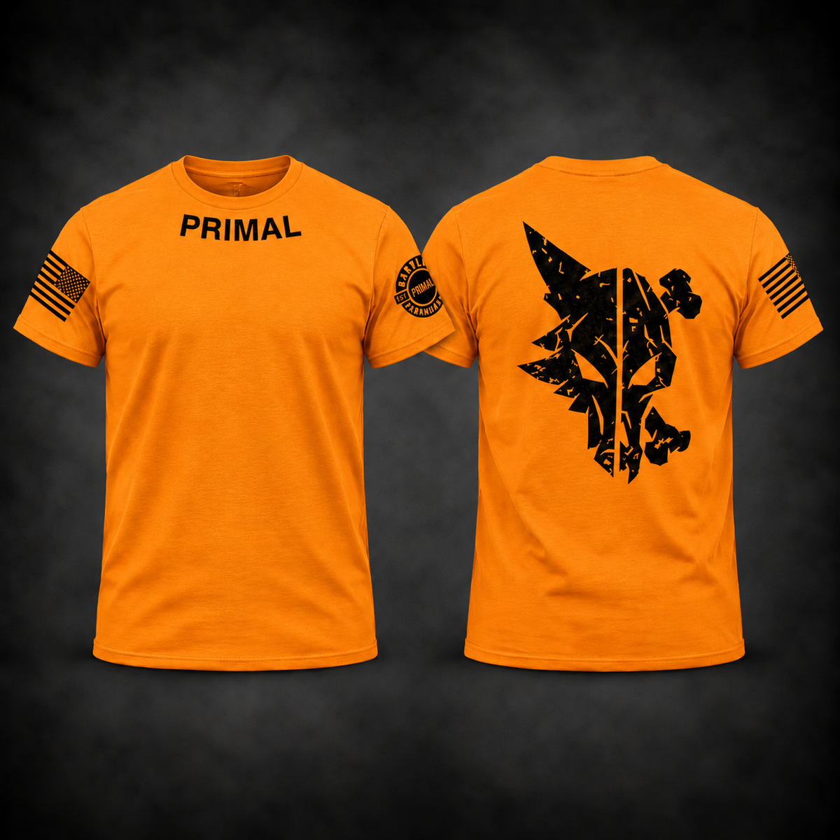 Primal Competition Tee in Orange, front and back